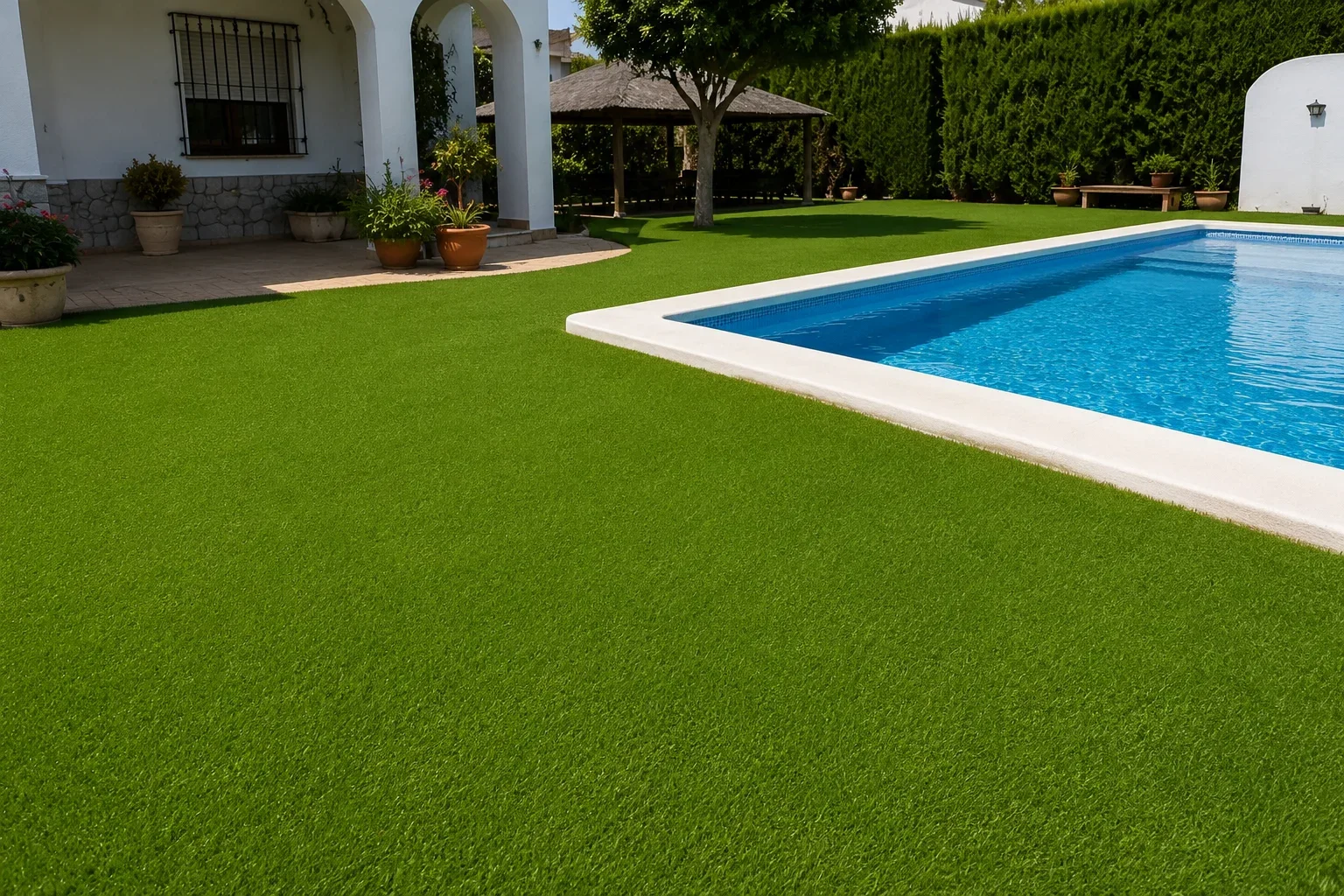 Césped artificial junto a piscina con pérgola en Calpe