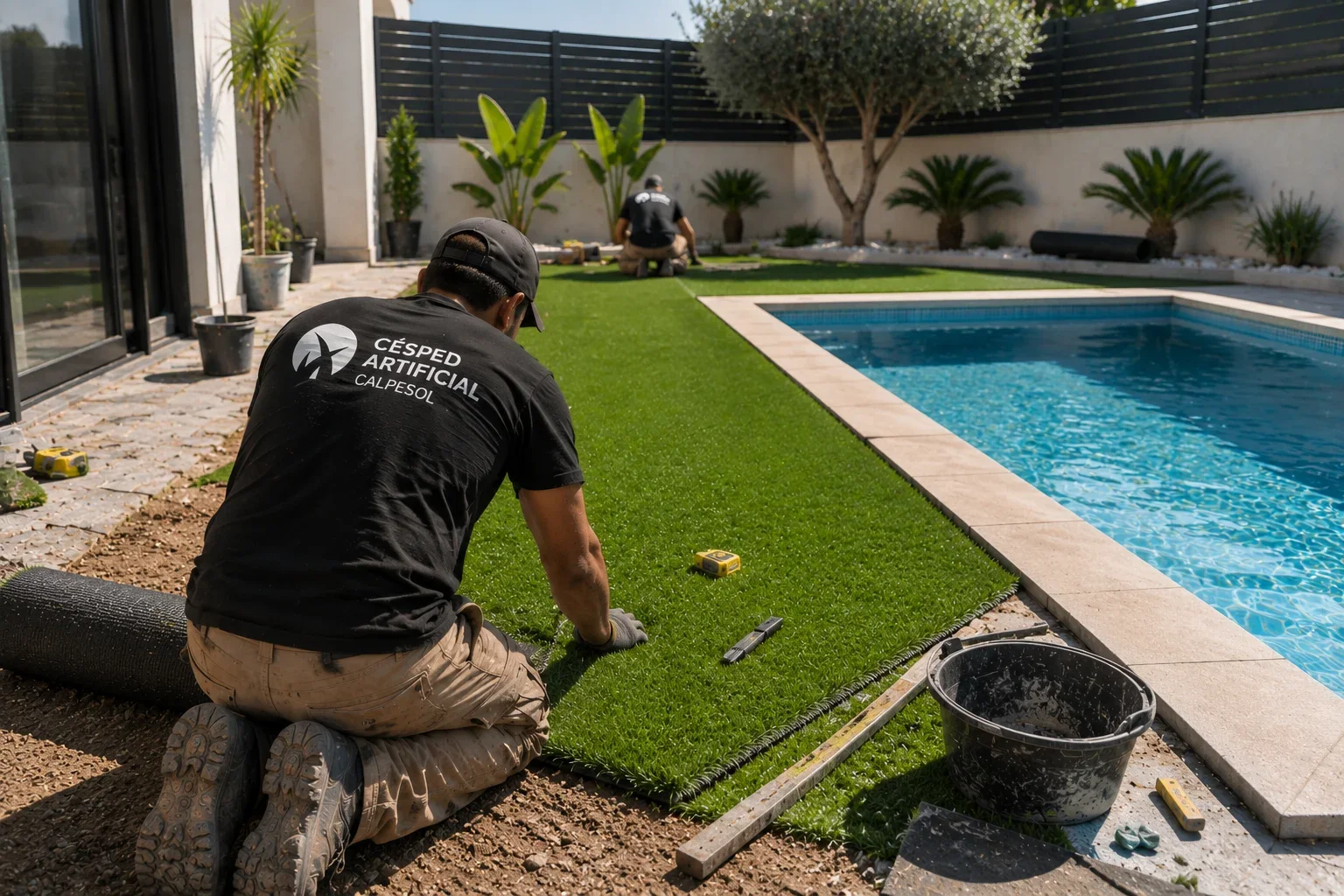 Equipo de Césped Artificial Calpe Sol durante una instalación en un chalet
