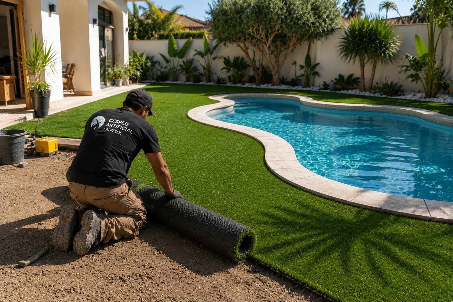 Instalación de césped artificial en una piscina de formas curvas en Calpe