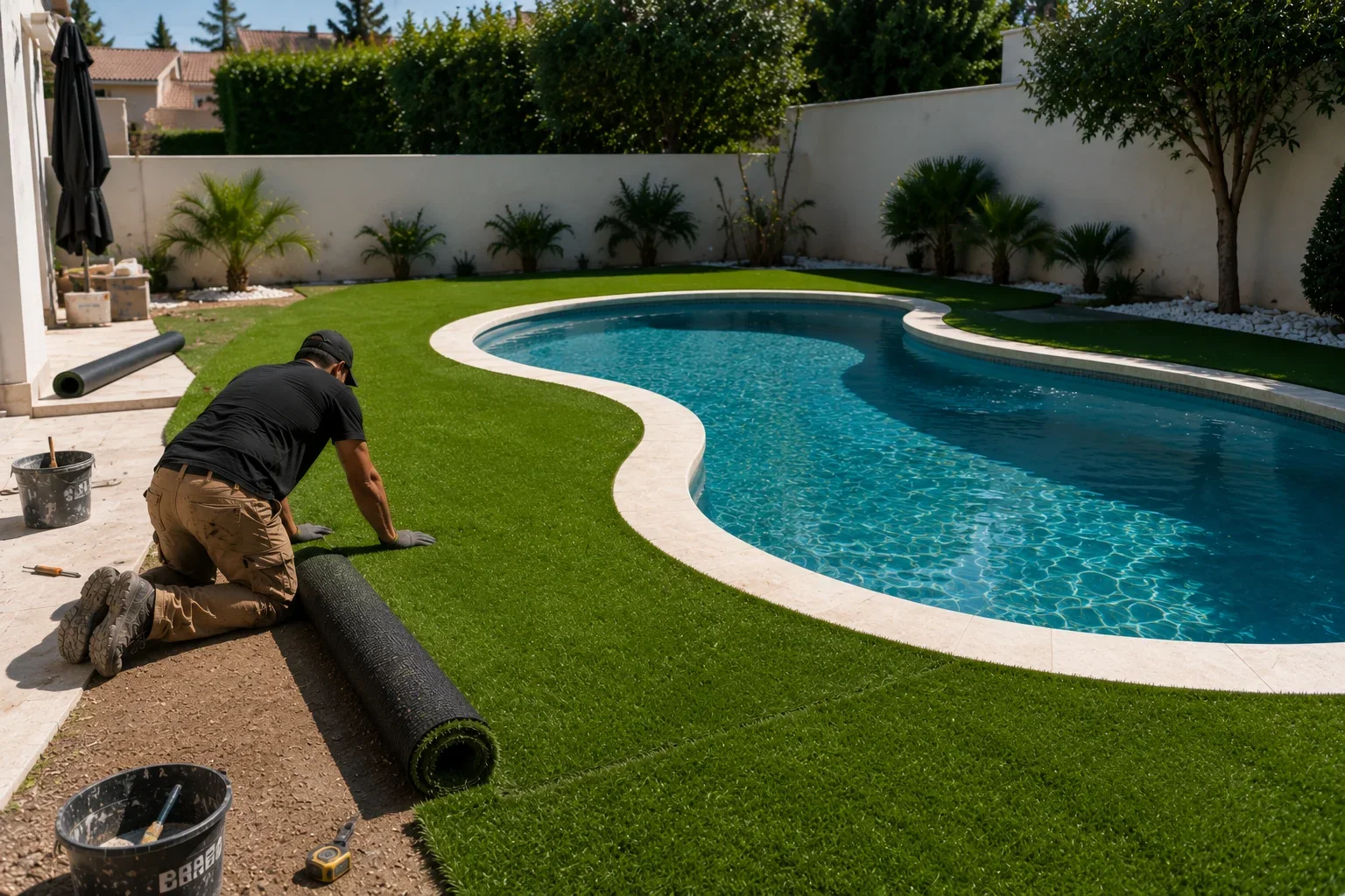 Instalador de Césped Artificial Calpe Sol rematando el césped junto a una piscina
