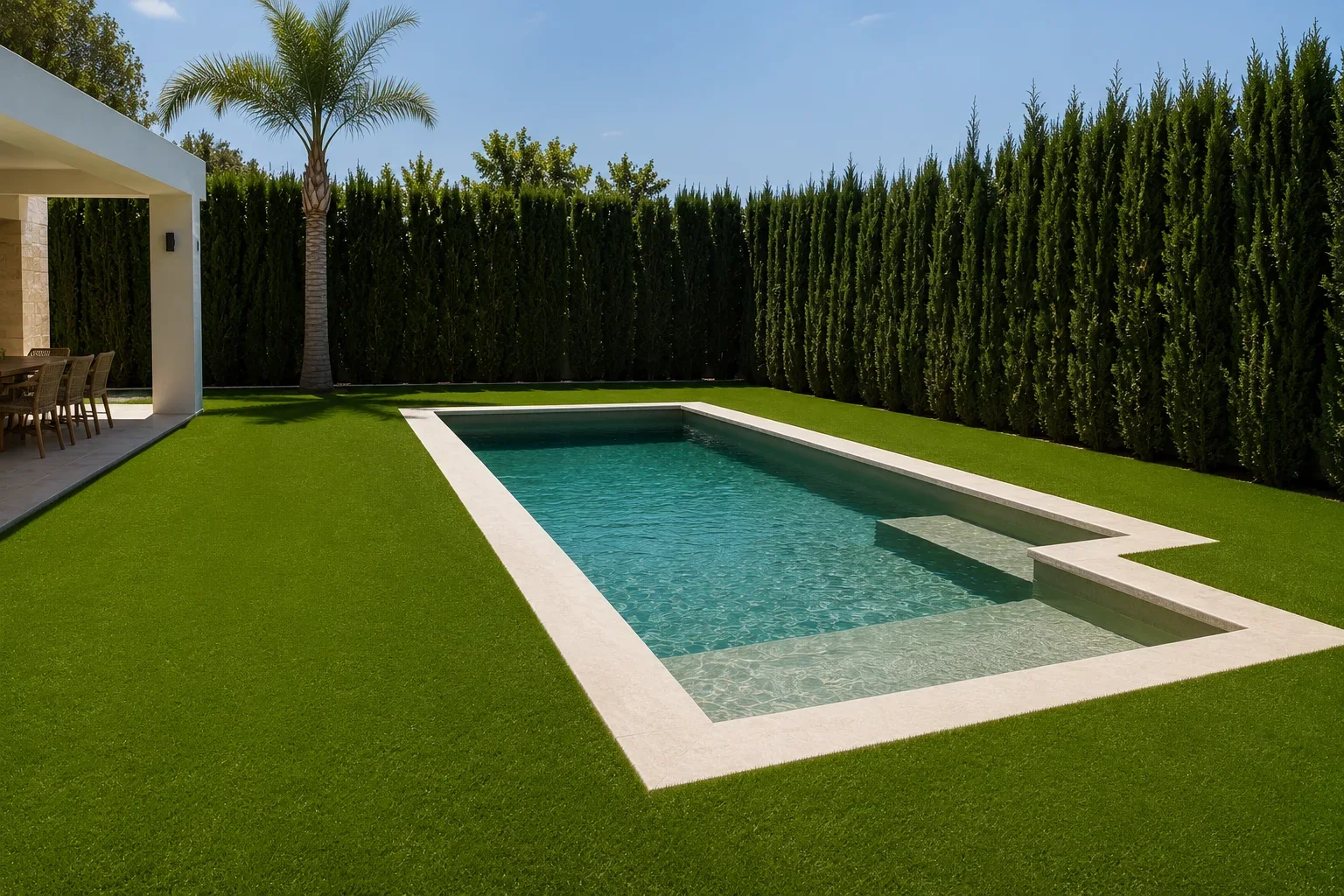 Jardín con césped artificial y porche cubierto en Calpe